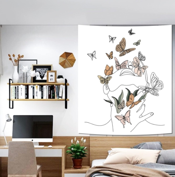 Line Art White Floral Wall Butterfly Tapestry Woman Abstract Face Butterflies - Picture 5 of 9